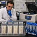 Pre-Freeze Semen Centrifugation Extender Selection - lab tech with puzzled look looking at different extender possibilities